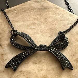 Gunmetal hematite-toned necklace a Bow Statement Vintage pendant &BLK Rhinestone